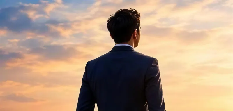 A young professional looking out over the city