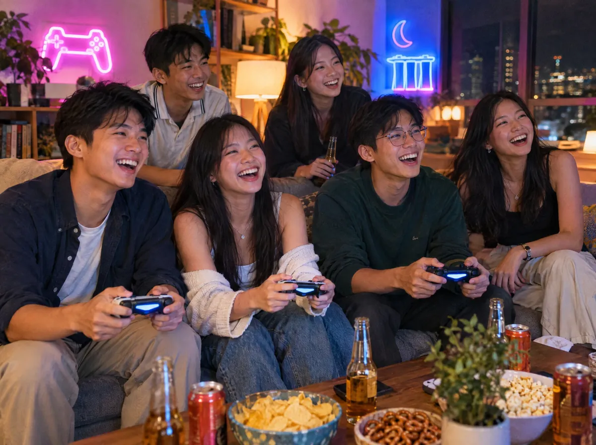 A group of young interns laughing over a video game night