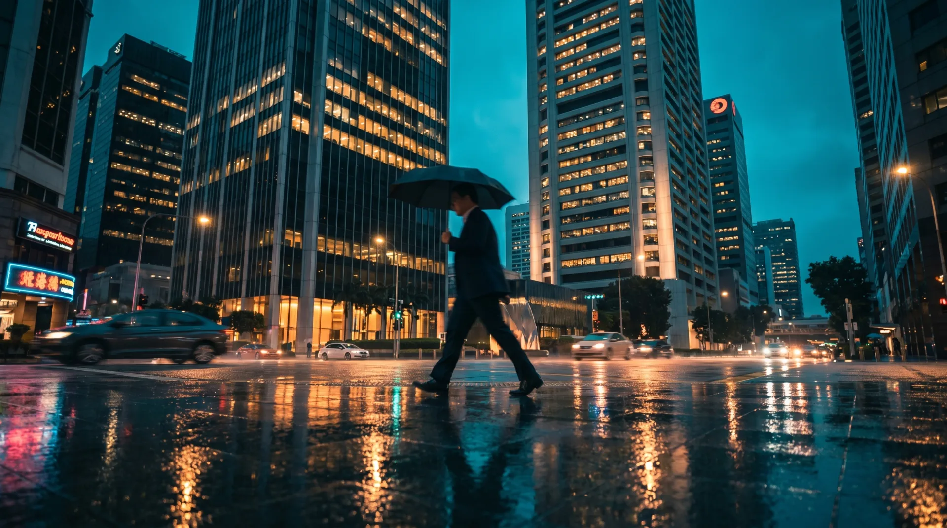 Raffles Place financial district at blue hour after rain