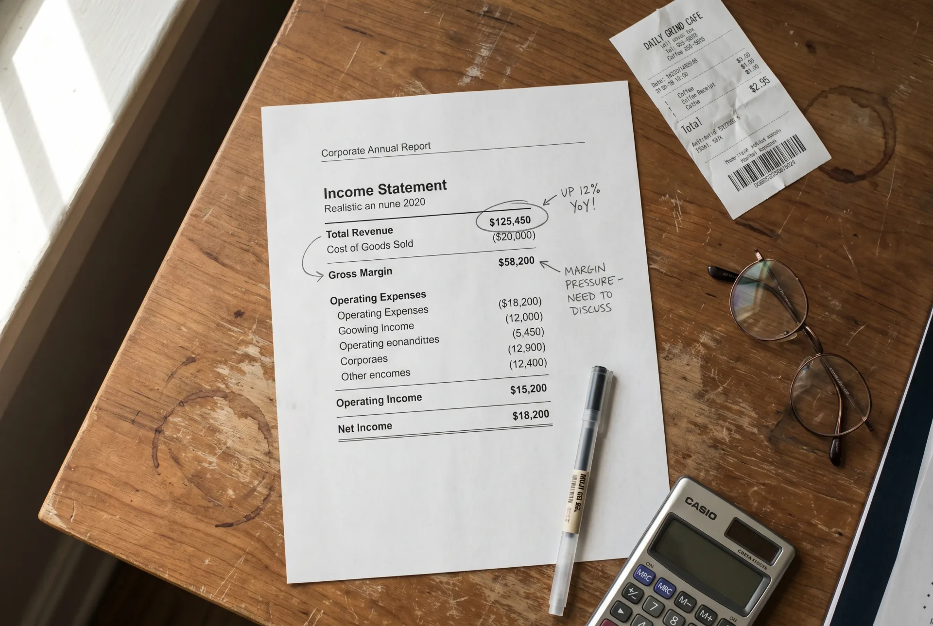 A printed corporate income statement with handwritten pencil annotations, a calculator, and a pair of glasses
