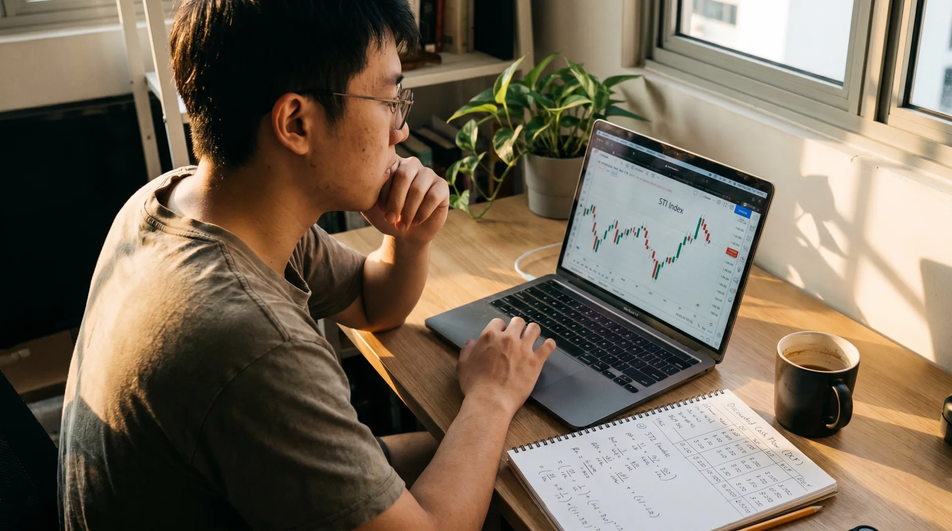 A young Singaporean investor reviewing charts and a handwritten DCF model at home